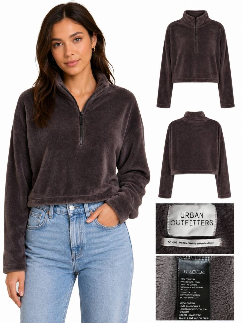 Urban Outfitters Women’s Cropped Fuzzy Fleece Pullover Sweatshirt Brown Size M